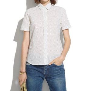 Madewell Crinkle Cotton Short Sleeve Button Front Polka Dot White Shirt Size L